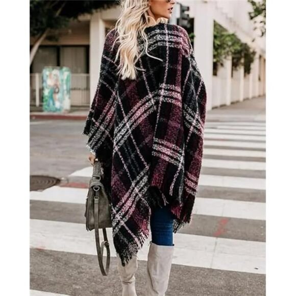 Women's Boho Open Front Poncho Knitted Plaid Shawl Wrap Cape Tassel Cardigan - Picture 3 of 7